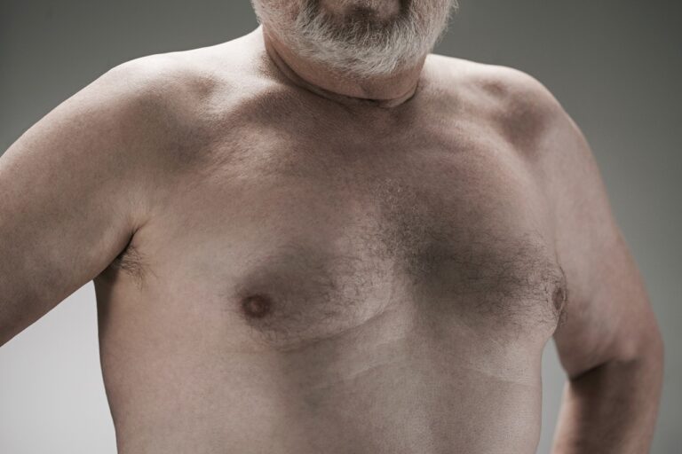 senior white beard man with fat chest